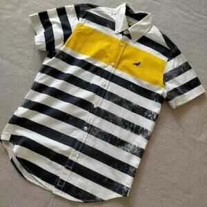 Staple Pigeon Striped Button Down Shirt Navy White Yellow Cotton Short Sleeve L